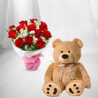 50 pink roses bouquet with 1 feet height teddy bear 