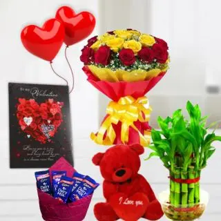 Bunch of 20 red and yellow roses, pack of 5 fivestar, 6 inch height teddybear, 2 layer Lucky bamboo plant, 5 blown balloons with greeting card