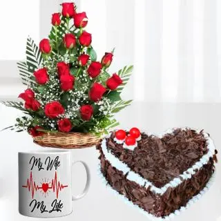 Basket arrangement of 20 red roses, half kg heart shape black forest cake, photo mug 