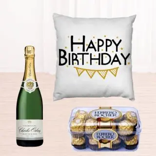 Photo cushion, box of 16 pcs of Ferrero Rocher chocolates, bottle of champagne 
