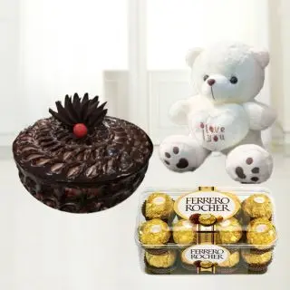 Double chocolate cake with 16 pcs rocher ferrero chocolates  with 2 feet height teddy bear 