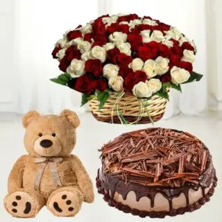 Basket arrangement of 40 red and white roses with chocolate fantasy cake with 1 feet height teddybear