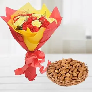 Bunch of 20 red and yellow carnations with basket of Almonds