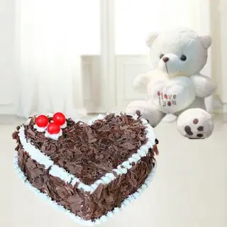 3 feet height white colour teddy bear with heart shape black forest cake