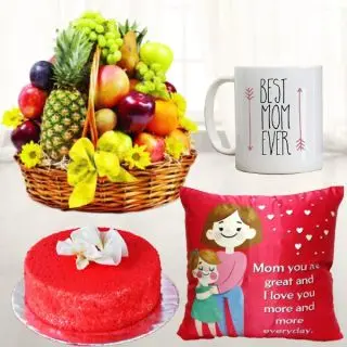 Basket of 3 kg assorted fruits , half kg red velvet cake, photo mug with photo cushion 