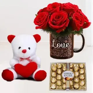 24 pcs rocher ferrero chocolate, 6 inch white teddybear , with 8 red rose arranged in a photo mug 