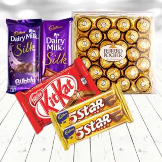 24 pcs rocher ferrro chocolates, 2 dairy milk silk, 1 kitkat chocolate, 2 fivestar chocolate 