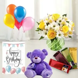 Vase arrangement of 15 roses and daisies, 6 inch teddybear , set of 4 temptations chocolates, birthday greeting card with 5 blown balloons 