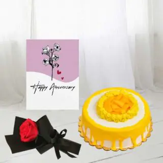 Half kg mango cool cake, single red rose, anniversary Greeting card 