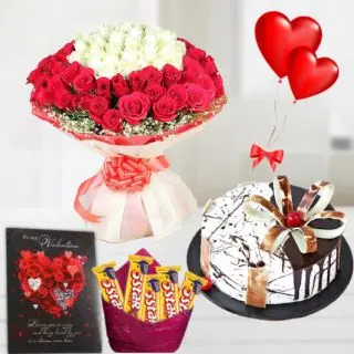50  red and white roses exotic Bouquet, Half kg choco vanilla cake, pack of Five 5star chocolates , 2 heart shape balloons  with Greeting card 