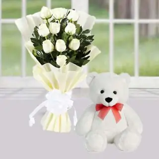 12 white roses bouquet with 1 feet height white teddybear 
