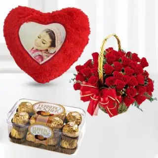 Basket of 30 red roses, 16 pcs rocher ferrero chocolates with photo cushion 