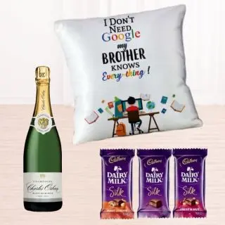 Bottle of champagne, photo cushion with  set of 3 dairy milk silk 