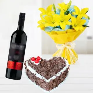 Bunch of 10 asiatic lilies with heart shape black forest fresh cream cake with bottle of red wine