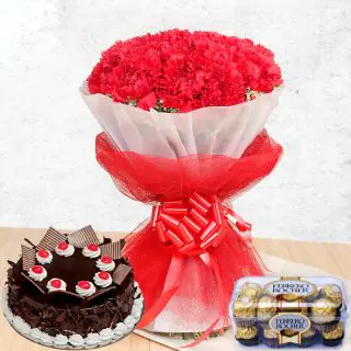 Bunch of 20 Red Carnations with 16 pcs Ferrero Rocher Chocolates