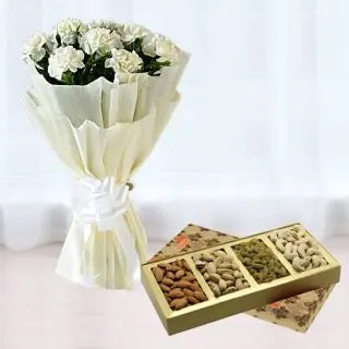 Bunch of 15 white carnations with box of assorted dryfruits