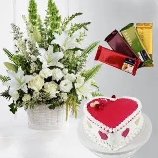 heart shape strawberry vanilla cocktail cake with set of 4 temptations chocolates with basket arrangement of white exotic flowers