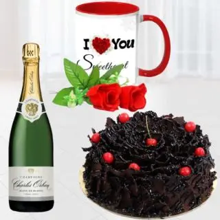 Bottle of champagne, half kg chocolate fantasy cake, photo mug with 2 red roses 