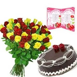 25 Red and yellow roses with 1 pound fresh cream cake