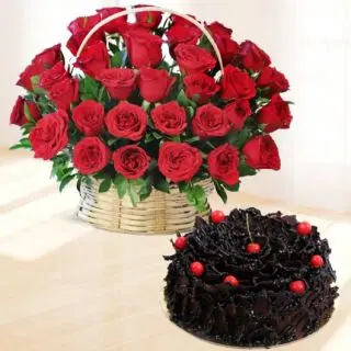 25 red roses basket arrangement with half kg chocolate fantasy cake
