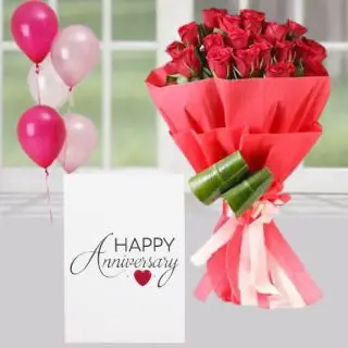 25 red roses Bunch , anniversary greeting card , 5 blown balloons 