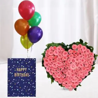50 pink roses heart shape arrangement  ,5 bunch of mix color balloon with birthday card