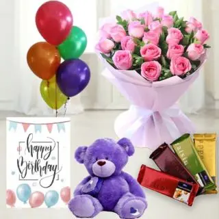 20 pink roses bunch ,  6 inch teddybear , set of 4 temptations chocolates, birthday greeting card with 5 blown balloons 