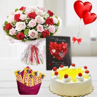 15 red and pink roses bouquet,  half kg pineapple cake , Pack of Five 5star chocolates, 2 heart shape balloons , Greeting card 