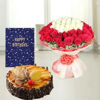 Bunch of 100 red and white roses, irish chocolate cake, birthday greeting card 
