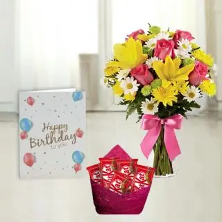Vase arrangement of 15 mix flowers , pack of 5  kitkat chocolates, birthday Greeting card