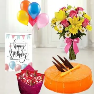 Vase arrangement of Exotic mix flowers, Orange cool cake,pack of 5 Kitkat chocolates, birthday greeting card, with 5 blown balloons