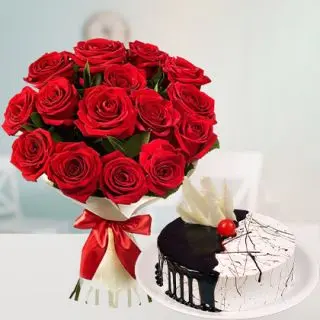 Bunch of 15 red roses with 1 kg choco vanilla cake 