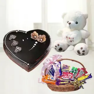  heart shape chocolate truffle cake premium quality cake with basket of assorted chocolates with 2 feet height white teddy bear