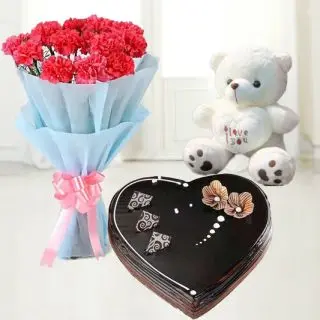 Bunch of 15 red carnation with chocolate truffle heart shape cake & 1 feet white teddy bear