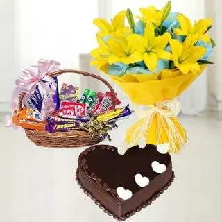 Bunch of yellow lilies with heart shape butterscotch premium quality fresh cream cake with basket of assorted chocolates