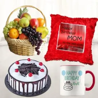 Basket of 3 kg mix fruit basket,photo cushion, photo mug, with half kg black forest cake 
