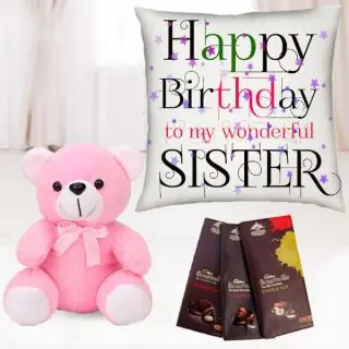 photo cushion, 3 bournville chocolates with 6 inch teddy bear 