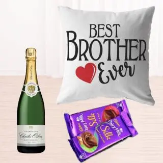 Bottle of chamagne , photo cushion with  with 2 dairy milk silk