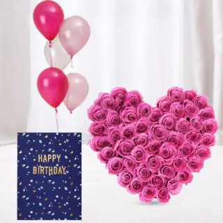 Heart shape arrangement of 40 pink roses, 5 bunch of mix color balloons with birthday card 