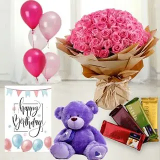 50 red roses bunch ,  6 inch teddybear , set of 4 temptations chocolates,birthday greeting card with 5 blown balloons 
