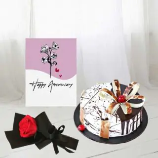 Half kg choco vanilla cool cake, single red rose, anniversary card 