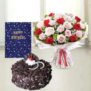 20 red and pink roses bunch, black forest cool cake, birthday greeting card 