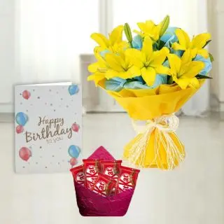 Bunch of 5 yellow lilies ,  pack of 5  kitkat chocolates, birthday Greeting card