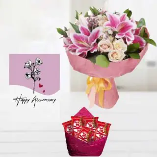 Bunch of exotic mix flowers, pack of 5 kitkat chocolates, anniversary greeting card 
