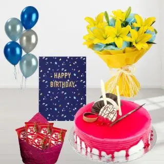 Bunch of 5 yellow asiatic lilies, strawberry cool cake , pack of 5 Kitkat chocolates, birthday greeting card, with 5 blown balloons