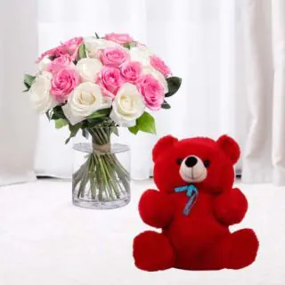 pink and white roses vase arrangement with 6 inch height red teddybear 
