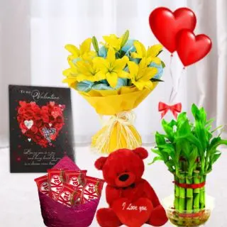 Bunch of 5 yellow lilies,  pack of 5 perk chocolates,  6 inch  height teddybear, 2 layer Lucky bamboo plant, 5 blown balloons with greeting card