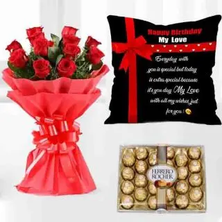 10 red roses bouquet , box of 24 pcs rocher ferrero chocolates with photo cushion 