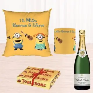 Bottle of champagne, photo cushion, photo mug, with set of 3 toblerone chocolates 