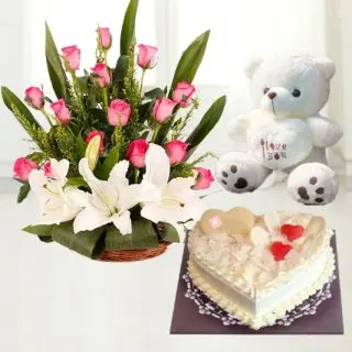Basket Arrangement Of White Lilies & Pink Roses With Heart Shape Vanilla Cake & 1 Feet Height Teddybear